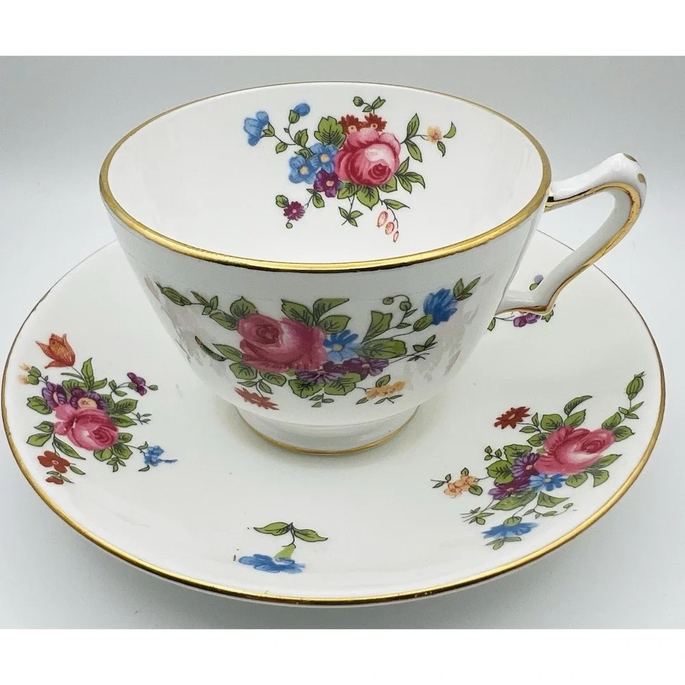 Crown Staffordshire Bone China Teacup Saucer Set Gold Pink Rose Floral England